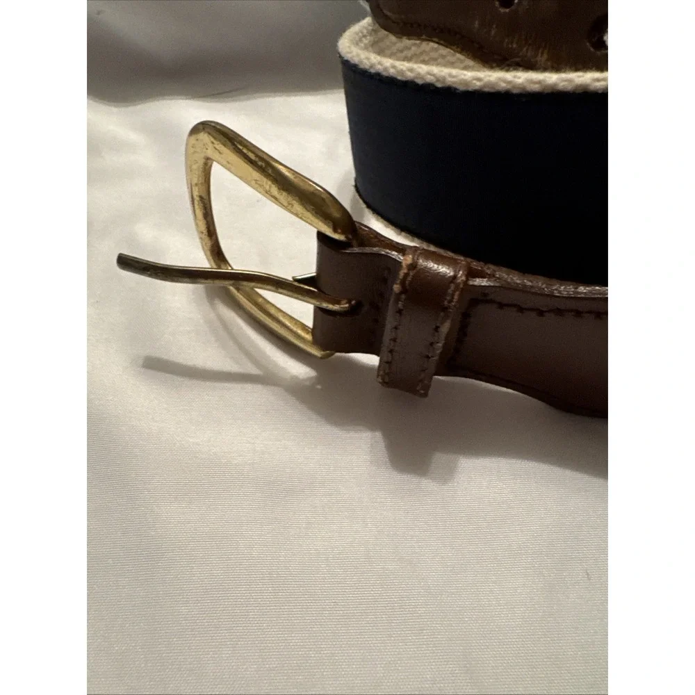 LEATHER MAN LTD‎ Belt Mens Sz42 Gamefish Navy Ribbon Leather Canvas Brass 1.25